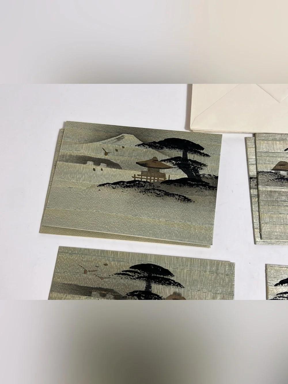 VTG Handpainted Japan Fujiyoshida Mountain Temple Pagoda Bamboo Wood Notecards